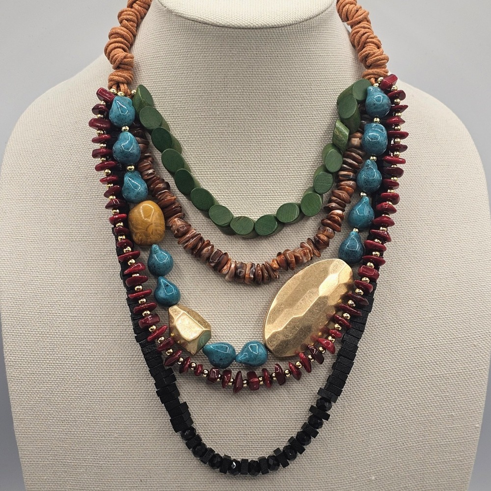 Multi Strand Mixed Bead Necklace Statement Colorful Boho Eclectic Style 18 inch
